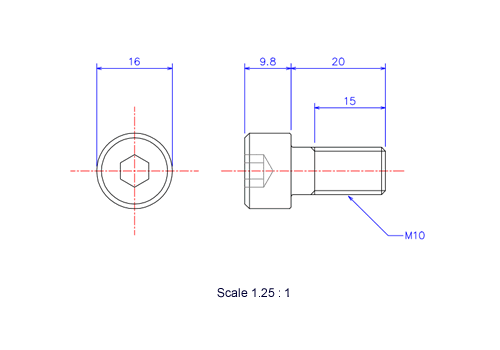 Drawing of Hexagon Socket head ceramic screw (Cap bolt) M10x20L Metric.