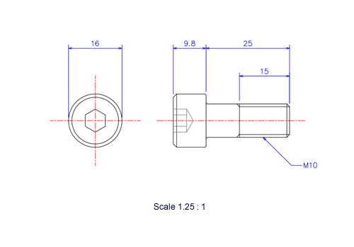 Drawing of Hexagon Socket head ceramic screw (Cap bolt) M10x25L Metric.
