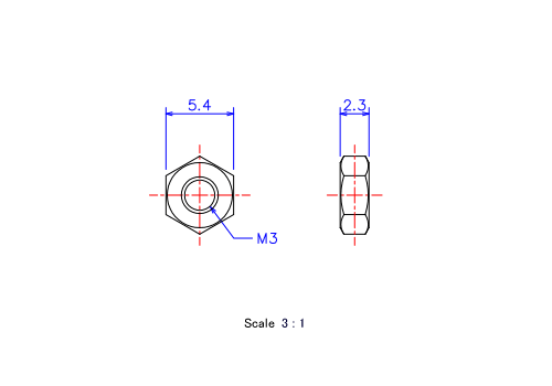 Drawing of ceramic Hexagon Nut M3x2.3t Metric.