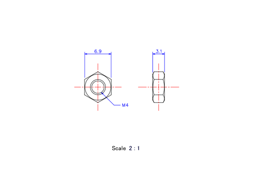 Drawing of ceramic Hexagon Nut M4x3.1t Metric.