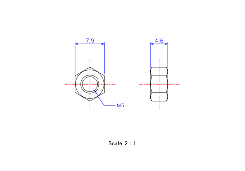 Drawing of ceramic Hexagon Nut M5x4.6t Metric.