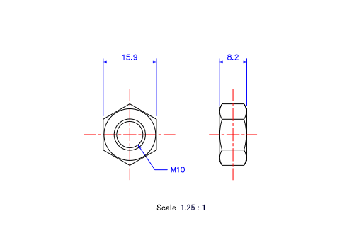 Drawing of ceramic Hexagon Nut M10x8.2t Metric.