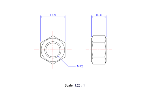 Drawing of ceramic Hexagon Nut M12x10.6t Metric.