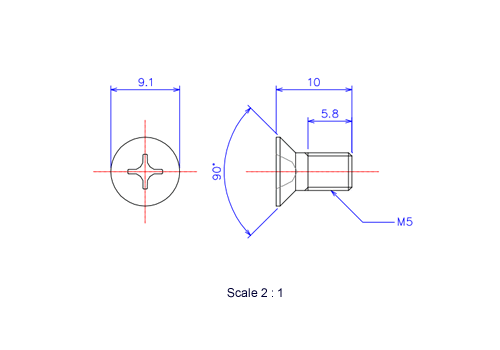 Drawing of Flat countersunk head ceramic screw M5x10L Metric.