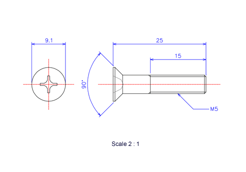 Drawing of Flat countersunk head ceramic screw M5x25L Metric.