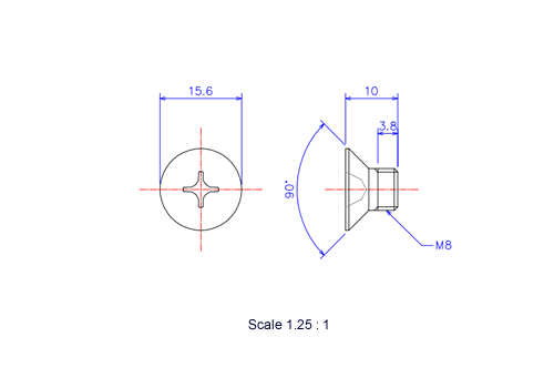 Drawing of Flat countersunk head ceramic screw M8x10L Metric.
