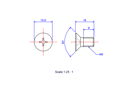 Drawing of Flat countersunk head ceramic screw M8x16L Metric.